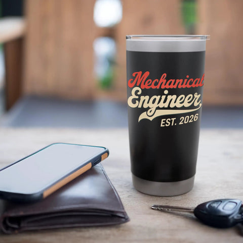 Mechanical Engineer Graduation Gift 2026 Stainless Steel Insulated Tumbler With Dual Wall Insulation, black finish on desk