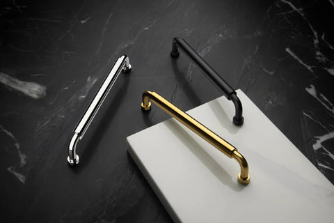 Hollywood Hills 4486 Cabinet Pull 6 Inch Center to Center Solid Brass Hardware, gold finish on marble background
