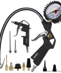Heavy Duty Air Compressor Accessory Kit With Tire Inflator Gauge, Air Blow Gun And 1/4 Inch NPT Fittings, Rugged Metal Construction, 0-220 PSI Dial