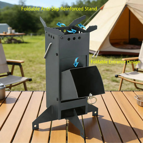 Portable Rocket Stove For Camping And Outdoor Cooking Wood Burning Stove With Foldable Design Lightweight Rust Resistant Steel on table with tent in background.