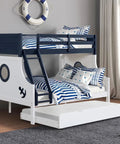 Twin Over Full Bunk Bed With Attached Ladder Upper Bed Rails Lock Joint Safety System Slat Kit Included Blue White Trundle Included