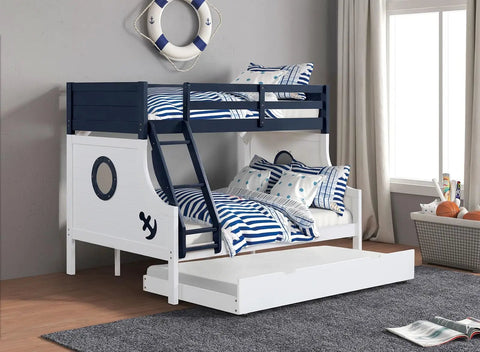 Twin Over Full Bunk Bed With Attached Ladder Upper Bed Rails Lock Joint Safety System Slat Kit Included Blue White Trundle Included