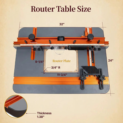 Essential Router Table Upgrade Kit Featuring Micro Adjustable Aluminum Fence With Dual Bearing Guide Rails For Dead Nuts Alignment And Butter Smooth Cutting Action To Level Up Your Woodshop Game, 32x24 inch router table with 1.38 inch thickness.