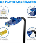 Cat6 Outdoor Ethernet Cable 100 Ft Black Heavy Duty Network Cable For POE Cameras And RJ45 LAN Patch Waterproof Direct Burial With UV Resistant Jacket Durable Weatherproof Cord Plus 25 Ties featuring gold-plated RJ45 connector details