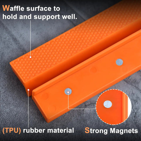 Six Inch Magnetic Vise Jaw Covers With Rock Solid Waffle Grip And Powerful Embedded Magnets For No Slip Clamping, highlighting orange TPU material and strong magnets.
