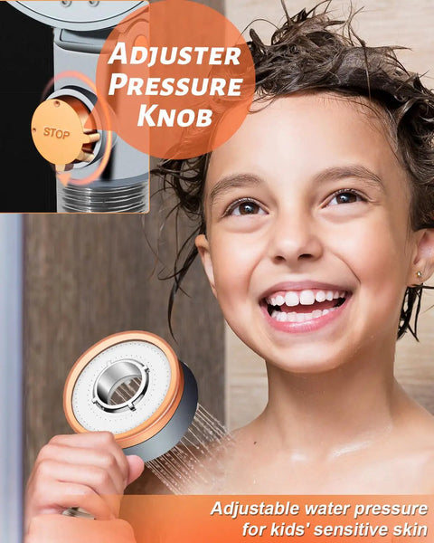 Child enjoying a Powerful Filtered Shower Head With Handheld Spray For Skin And Hair Care, high pressure water head with adjuster