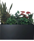 40 Inch Long Metal Rectangular Planter Box For Outdoor Patio Porch Black Modern Design filled with various plants and flowers