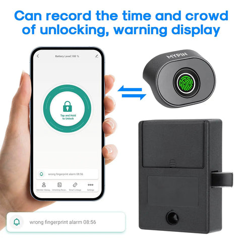 Bluetooth Fingerprint Cabinet Lock With Smart Biometric Keyless Access, phone app interface, USB backup, and fingerprint scanner