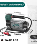 12V Tire Inflator With In Line Pressure Gauge, 125 PSI Fast Inflation, product dimensions alongside inflator, hose, cables