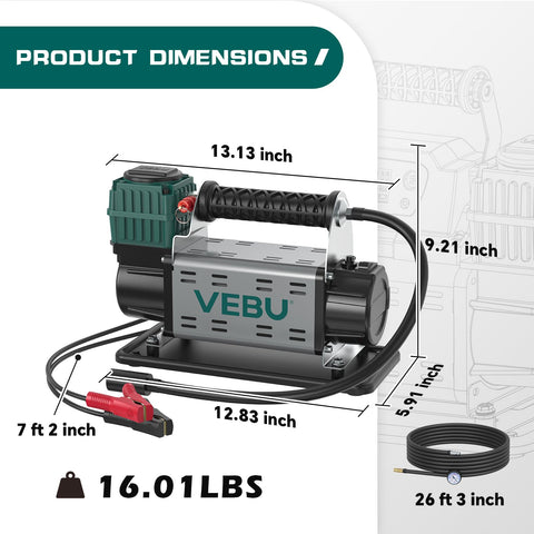 12V Tire Inflator With In Line Pressure Gauge, 125 PSI Fast Inflation, product dimensions alongside inflator, hose, cables