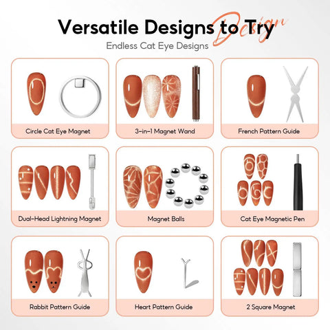 Image showing Cat Eye Nail Magnet Set 10pc With 3 In 1 Magnetic Pen And Dual Head Wand for nail art designs.
