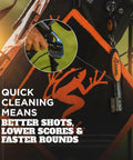 Pro Grade BrushPro Golf Club Cleaner With Ergonomic Grip And 2.5 Ft Retractable Cord, Replaceable Bristle Heads And Groove Cleaner, Dual Nylon And Bronze Bristles, Sturdy Golf Dad Favorite For Clean Clubs And Consistent Shots. golf bag with clip-on cleaner and club brushing in use