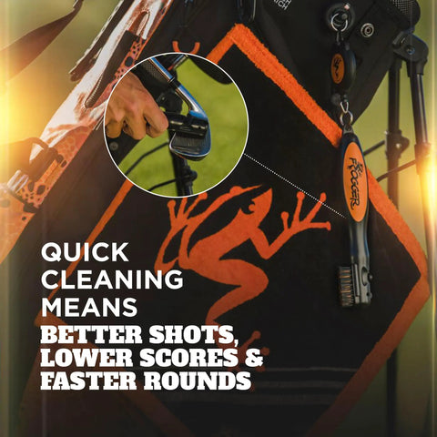 Pro Grade BrushPro Golf Club Cleaner With Ergonomic Grip And 2.5 Ft Retractable Cord, Replaceable Bristle Heads And Groove Cleaner, Dual Nylon And Bronze Bristles, Sturdy Golf Dad Favorite For Clean Clubs And Consistent Shots. golf bag with clip-on cleaner and club brushing in use