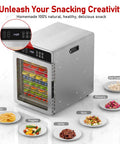 Digital Food Dehydrator With Ten Broad Trays To Whip Up Juicy Jerky Crispy Fruit Chips Dried Herbs And Quality Dog Chews Running Quiet On Precise Temperature Dial And All Day Timer For Super Easy Snack Making At Home showing stainless steel design and colorful trays with snacks.
