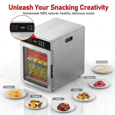 Digital Food Dehydrator With Ten Broad Trays To Whip Up Juicy Jerky Crispy Fruit Chips Dried Herbs And Quality Dog Chews Running Quiet On Precise Temperature Dial And All Day Timer For Super Easy Snack Making At Home showing stainless steel design and colorful trays with snacks.