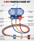 3-way manifold gauge set with high and low-pressure gauges, hoses, and valves, part of the Straight Up Heavy Duty 3.5 CFM 1/4 HP vacuum kit.