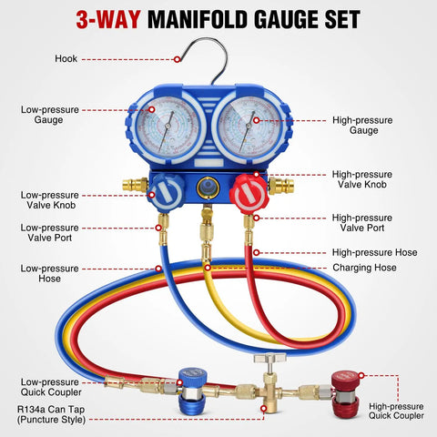 3-way manifold gauge set with high and low-pressure gauges, hoses, and valves, part of the Straight Up Heavy Duty 3.5 CFM 1/4 HP vacuum kit.
