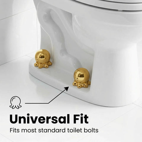 Darn Slick Ceramic Gold Octopus Toilet Bolt Caps Two Pack Snazzy Bathroom Screw Covers on standard toilet bolts for clean look.