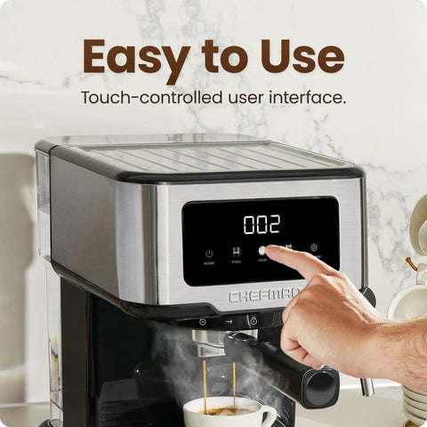 CraftBrew Digital Espresso Maker With 15 Bar Pump And Steam Wand, touch interface, brewing espresso into a cup