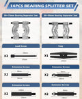 14-piece bearing splitter set showcasing sizes, screws, and yoke for Heavy Duty Bearing Separator Puller Set With 5 Ton Capacity.
