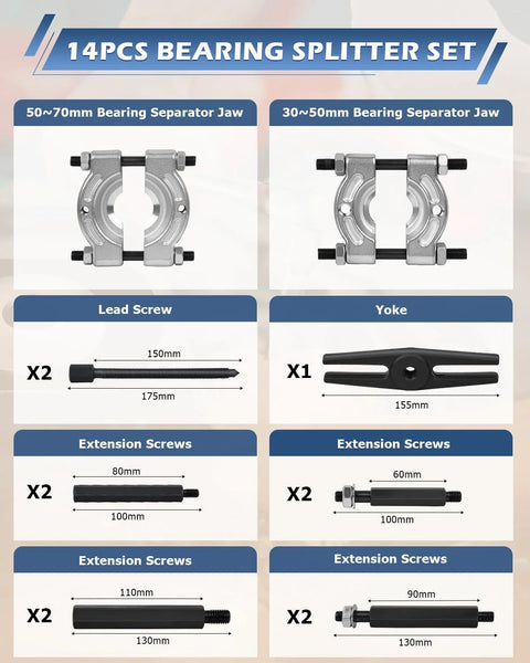 14-piece bearing splitter set showcasing sizes, screws, and yoke for Heavy Duty Bearing Separator Puller Set With 5 Ton Capacity.