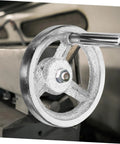 Heavy Duty Cast Iron Handwheel With Chrome Plated Crank Handle for Lathe and Milling Machines, close-up view on machinery