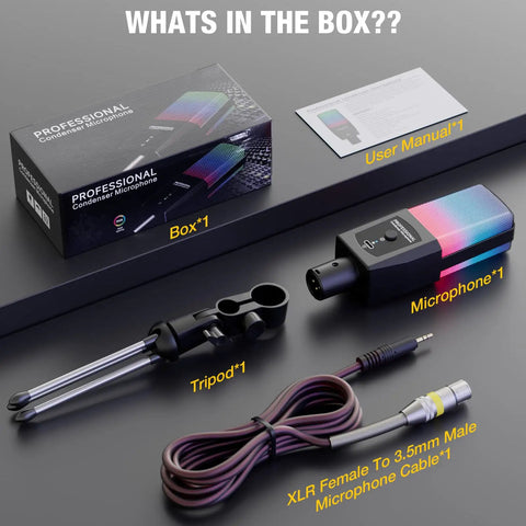 Condenser Microphone With RGB Lighting For Gaming And Streaming, Plug And Play 3.5mm XLR, includes mic, tripod, cable, box
