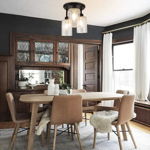 Semi Flush Mount Ceiling Light With Farmhouse Vibe And Seeded Glass, 3-Light Chandelier Fixture In Black Finish Above Dining Table