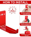 Universal Fire Extinguisher Wall Mount Kit For 5 To 40 Lb Units Includes Screws Gaskets Self Adhesive Safety Sign And Four Mount Hooks Easy Install Keeps Fire Extinguishers Secure In Home Garage Or Workshop shown with installation steps on red wall mount.