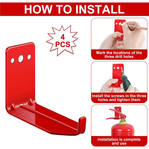 Universal Fire Extinguisher Wall Mount Kit For 5 To 40 Lb Units Includes Screws Gaskets Self Adhesive Safety Sign And Four Mount Hooks Easy Install Keeps Fire Extinguishers Secure In Home Garage Or Workshop shown with installation steps on red wall mount.
