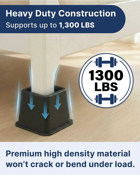 Durable Bed Risers For Dorm Rooms With 3 And 5 Inch Heights, Stackable To 8 Inches, Heavy Duty Under Bed Storage, Supports Up To 1300 Lbs, 8 Pack Black shown with weight support details.