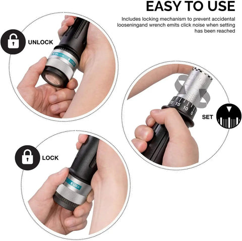 Demonstrating unlock, set, and lock features of Beefy Three Quarter Inch Drive Torque Wrench With Fifty To Three Hundred Foot Pound Range