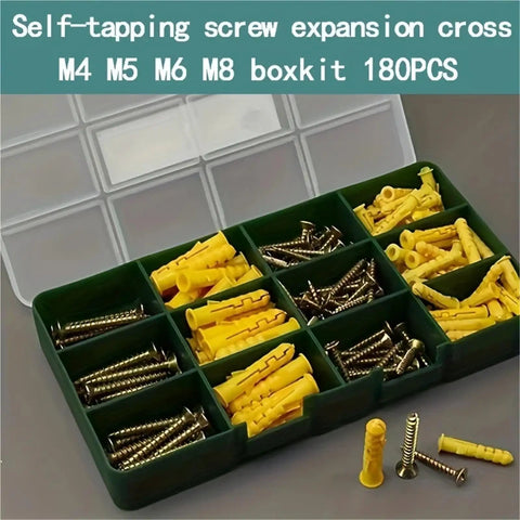 Heavy-Duty 180-Piece Self-Tapping Anchor Kit With Plastic Expansion Tubes And Cross Screws No-Prep Install Yellow Zinc Plated Carbon Steel Drywall Anchors For Strong Wall Mounts, organizer box view