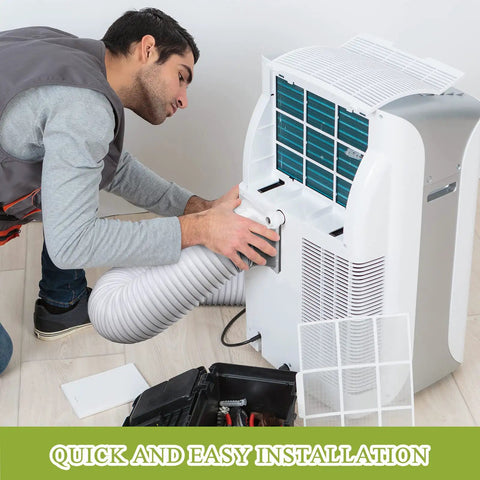 Person installing Portable Air Conditioner Exhaust Hose, 80 Inch Long, 5.9 Inch Diameter with Square Exhaust Hose Connector