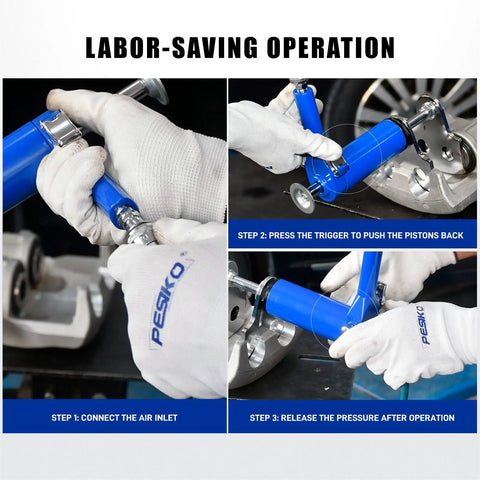 Quad Caliper Piston Compressor Tool Heavy Duty Pneumatic Brake Caliper Press operation steps with hands holding tool