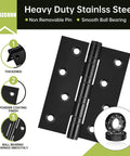 6 Pack Matte Black 4 Inch Stainless Steel Door Hinges With Ball Bearing, includes diagram of hinge and specifications