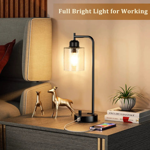 Bedside Table Lamp With USB C Charging Port And Outlets Fully Stepless Dimmable Black Desk Lamp With Glass Shade on nightstand.