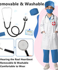 Kid Friendly Doctor Costume Set With Lab Coat Scrubs Real Stethoscope 7 Piece Dress Up Kit For Boys And Girls Halloween Costumes Career Day Ready Realistic Medical Play shown on a child, complete with accessories.