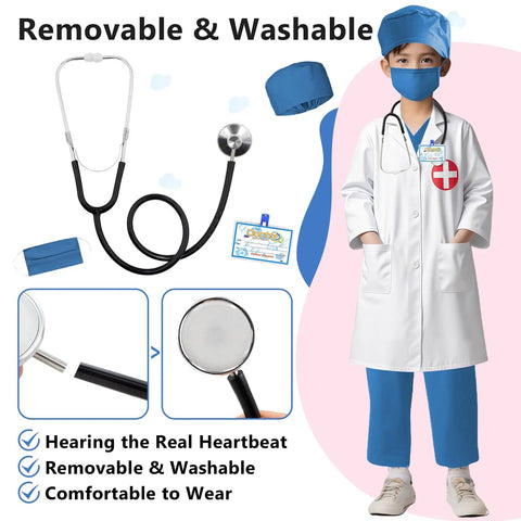 Kid Friendly Doctor Costume Set With Lab Coat Scrubs Real Stethoscope 7 Piece Dress Up Kit For Boys And Girls Halloween Costumes Career Day Ready Realistic Medical Play shown on a child, complete with accessories.
