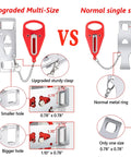 Comparison of upgraded multi-size portable door lock latch for travel and home safety in red versus normal single size version with measurements