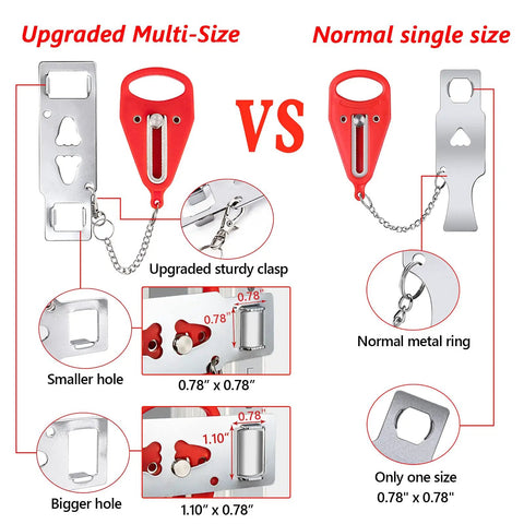 Comparison of upgraded multi-size portable door lock latch for travel and home safety in red versus normal single size version with measurements