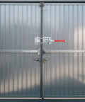 Rock Solid Heavy Duty U Hook Latch Clamp 2 Pack seen mounted on large metal doors, showcasing durable cast alloy steel construction.