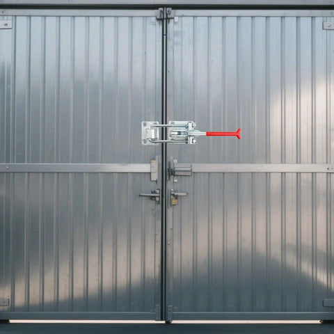 Rock Solid Heavy Duty U Hook Latch Clamp 2 Pack seen mounted on large metal doors, showcasing durable cast alloy steel construction.