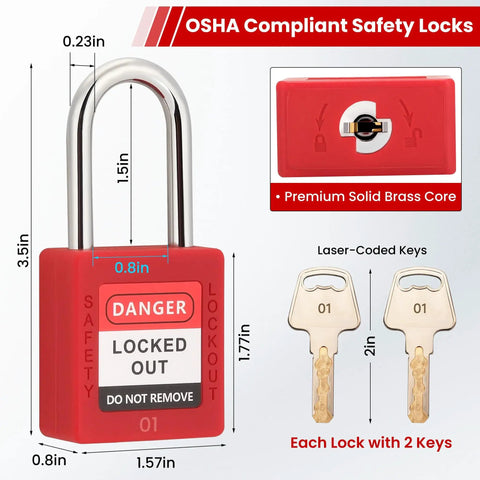 Red OSHA Compliant Lockout Tagout Padlock Set With 10 Keyed-Different Locks And 20 Keys for electrical safety with dimensions displayed.