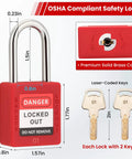 Lockout Tagout Locks Set Of Five Red OSHA Compliant Safety Padlocks with measurements and two laser-coded keys