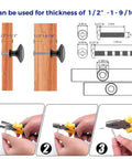 Installation guide showing 60 Pack Matte Black Kitchen Cabinet Knobs One And A Quarter Inch Round Drawer Pulls Flat Black Stainless Steel Drawer Handles For Doors Dresser Cabinets Durable Modern Hardware Easy Install For Kitchen Remodels with tools.