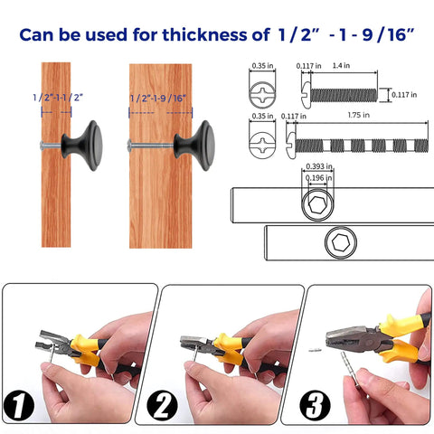 Installation guide showing 60 Pack Matte Black Kitchen Cabinet Knobs One And A Quarter Inch Round Drawer Pulls Flat Black Stainless Steel Drawer Handles For Doors Dresser Cabinets Durable Modern Hardware Easy Install For Kitchen Remodels with tools.