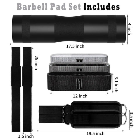 All In One Barbell Pad Kit For Squats And Hip Thrusts With Ankle Straps, Hip Resistance Bands, Lifting Straps And Carry Bag