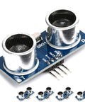 Front view of HC SR04 Ultrasonic Sensor Module Kit for Arduino with dual transducers, 2cm to 400cm range, and 3mm accuracy.