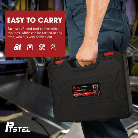 Person carrying PTSTEL 68 Piece General Household Tool Set With Ergonomic Hand Tools For DIY Home And Auto Repairs In A Durable Carrying Toolbox Case Essential For Quick Fixes Solid Furniture Assembly And Everyday Maintenance